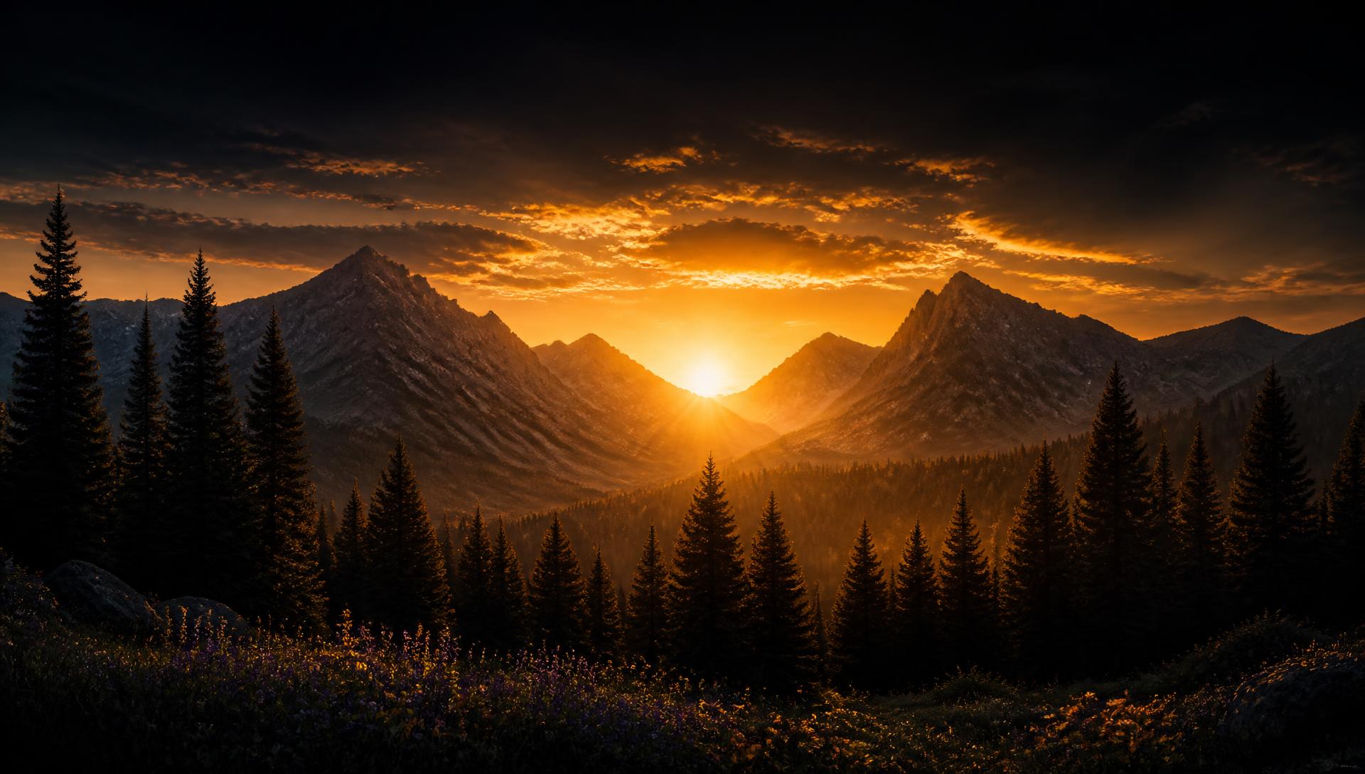 Sunrise breaking between Colorado mountain peaks above a pine forest