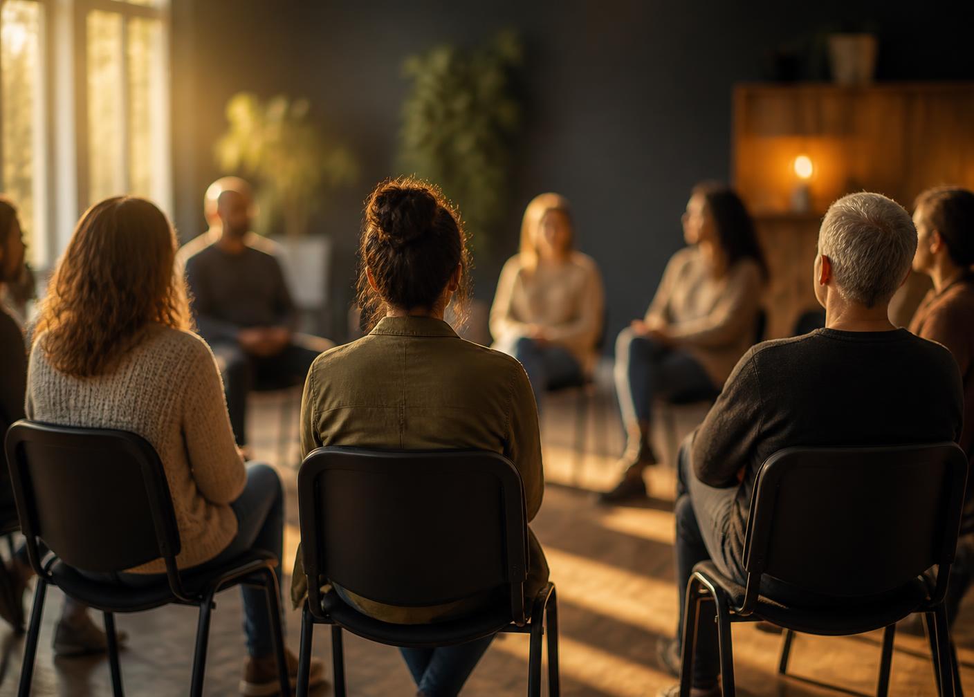 Residents seated in a circle during an on-site peer support group